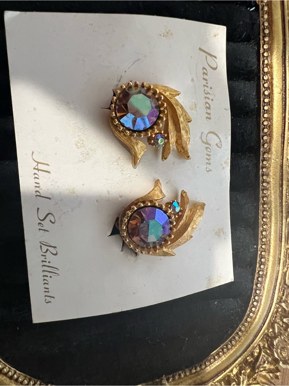 Parisian Works Gold Tone Earrings with Iridescent Purple-Blue Stones